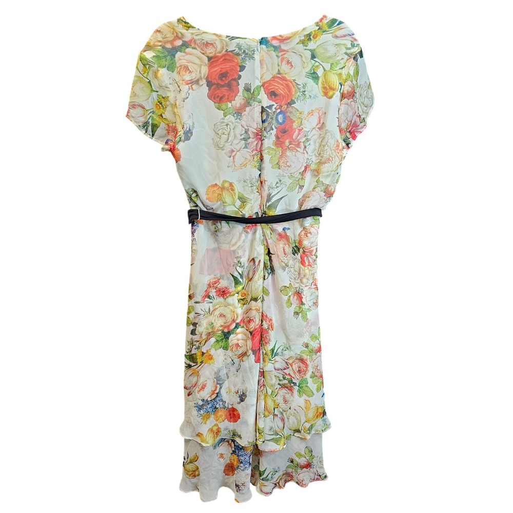 Sandra Darren Floral Faux Wrap High Low Dress White Multi Size 12 Flutter Sleeve - Picture 2 of 7